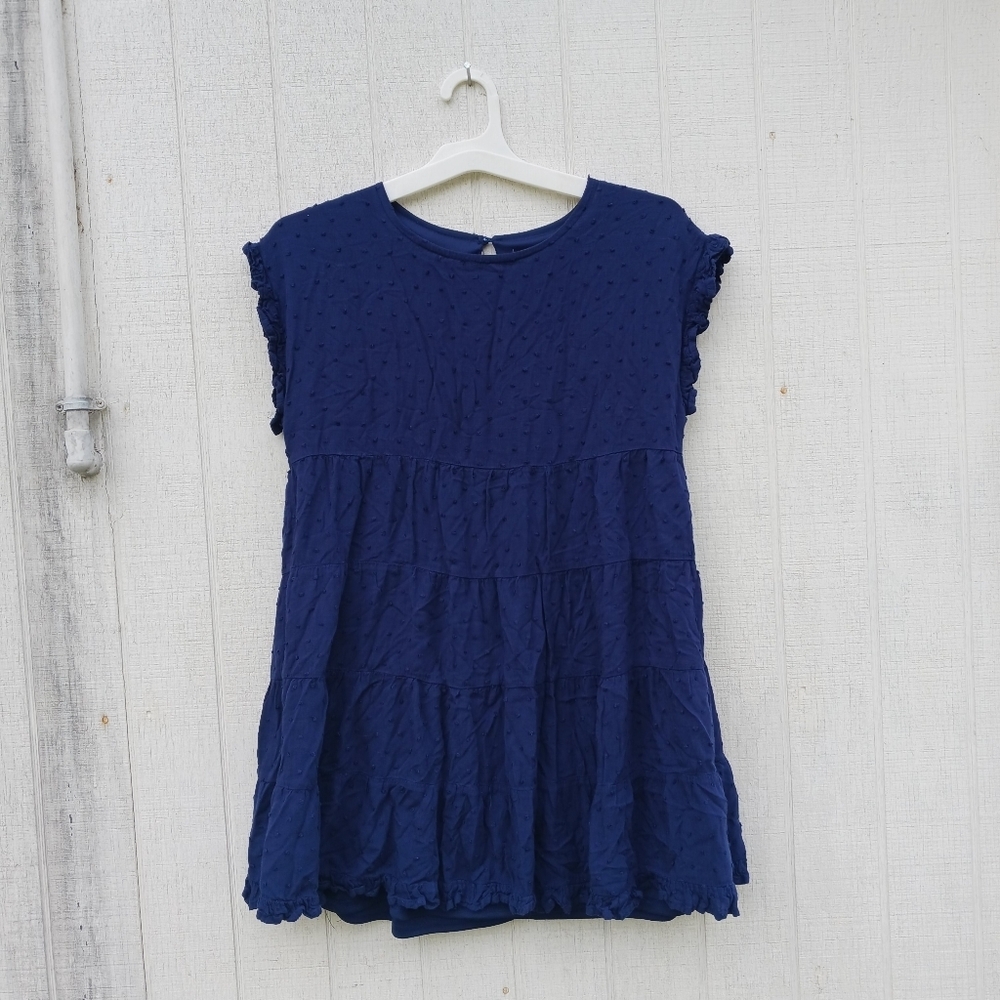 Emory Park Swiss Dot Navy Blue‎ Tiered Mini Dress Womens Sz Small